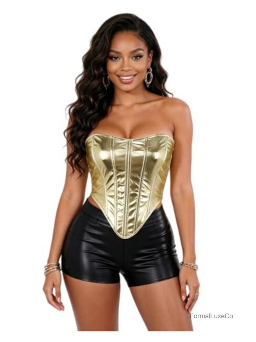 PU Leather Metallic Corset Top Strapless Lace Up Boned Bustier Clubwear
